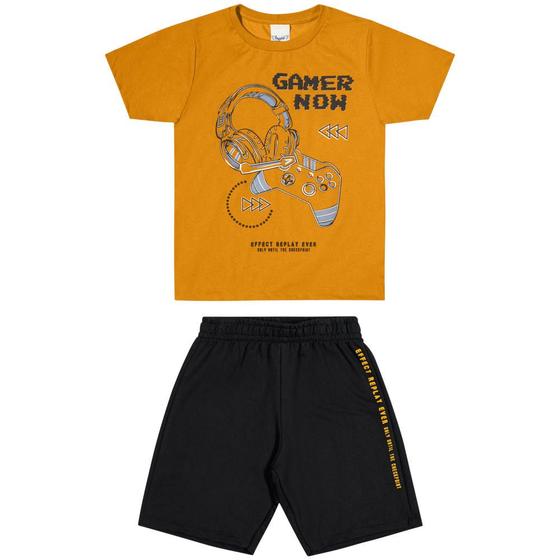 Imagem de Conjunto Infantil Angerô Camiseta Algodão Bermuda Moletinho Laranja/Preto