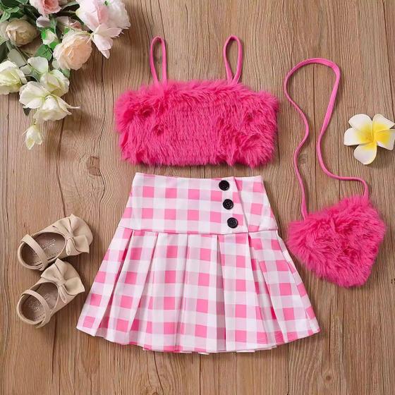 Imagem de Conjunto Infantil Bebê Moda Blogueirinha Saia e Top Temático da Barbie Rosa + Bolsa