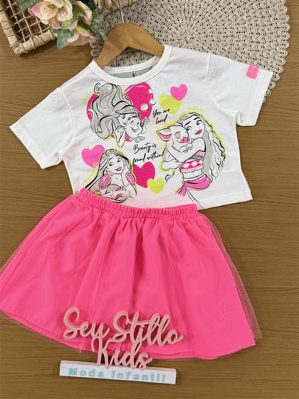 Conjunto Infantil Bimbi Verão com Saia em Tule Rosa e Blusa Branca
