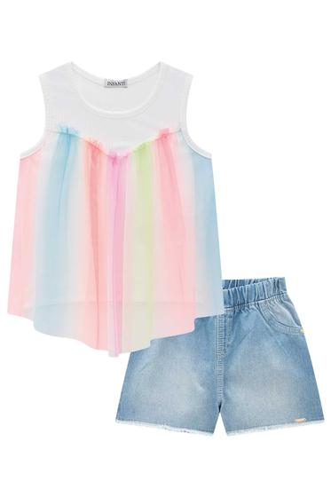 Imagem de Conjunto Infantil Blusa Boxy em Canelado e Tule Coloridos Neon e Shorts em Jeans Arkansas - Infanti