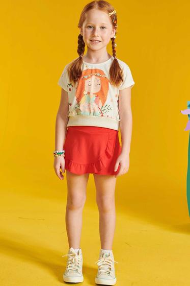 Imagem de Conjunto Infantil Blusa Boxy em Cotton Linho Menina Floral e Short Saia em Molevisco Babado - Kukie