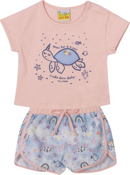 Imagem de Conjunto Infantil Blusa Cropped e Shorts JACA-LELÉ Tartaruga Rosa e Azul