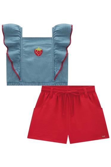 Imagem de Conjunto Infantil Blusa Cropped em Jeans Liz Moranguinho em Crochê e Shorts em Air Flow Textura Festas- Kukiê