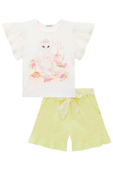 Imagem de Conjunto Infantil Blusa em Cotton e Manga Tule Gatinha e Shorts em Sarja Empapelada Princess by Infanti