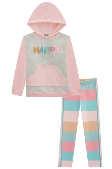 Imagem de Conjunto Infantil Blusão Alongado em Moletom c/Capuz Happy e Legging Color em Molecotton