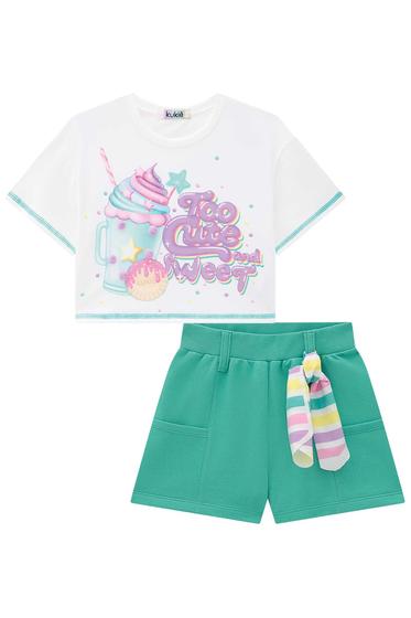 Imagem de Conjunto Infantil Boxy Over em M. Malha Sorvetinho Pompom e Shorts em Moletom s/ Pelúcia c/Lenço - kukiê