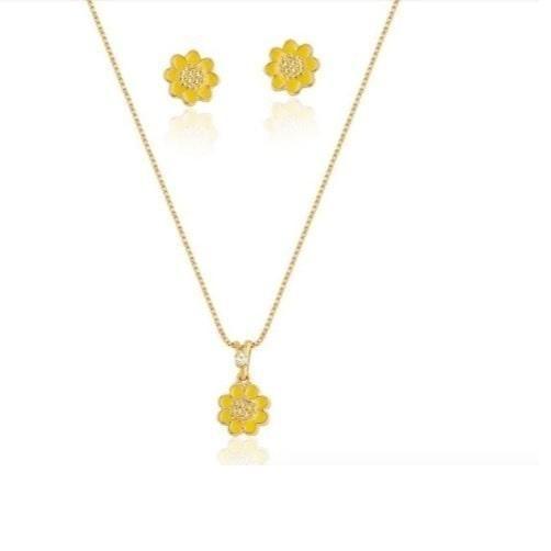 Imagem de Conjunto Infantil Brinco E Colar Flor Em Ouro 18K