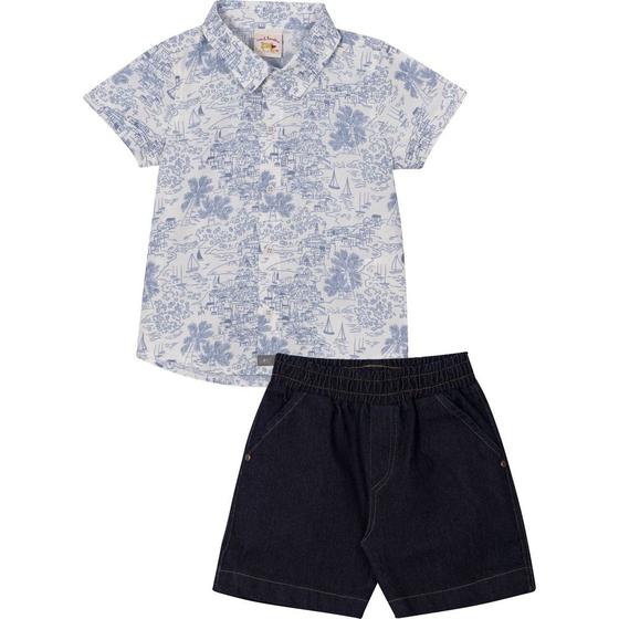 Imagem de Conjunto Infantil Camisa em Tricoline e Bermuda Jeans Nini&Bambini Branco e Jeans