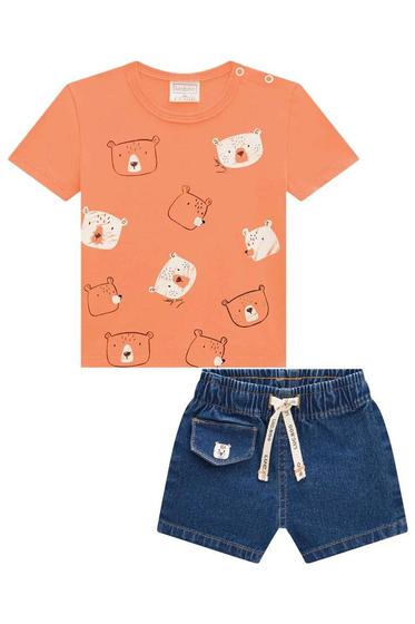 Imagem de Conjunto Infantil Camiseta Básica Menino Meia Malha Urso e Bermuda Jeans Bellini Lucboo