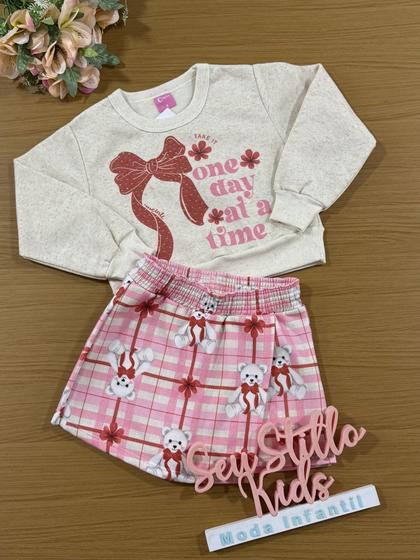 Imagem de Conjunto Infantil Cinti Inverno Shorts Saia e Moletom Flanelado Laço