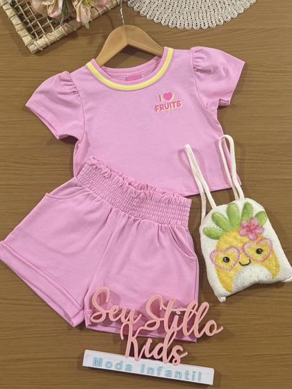 Imagem de Conjunto Infantil Cinti Verão com Shorts e Blusa Rosa Fruits com Bolsinha