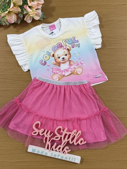 Imagem de Conjunto Infantil Cinti Verão Saia Tule e Blusa Ursinha Colorida