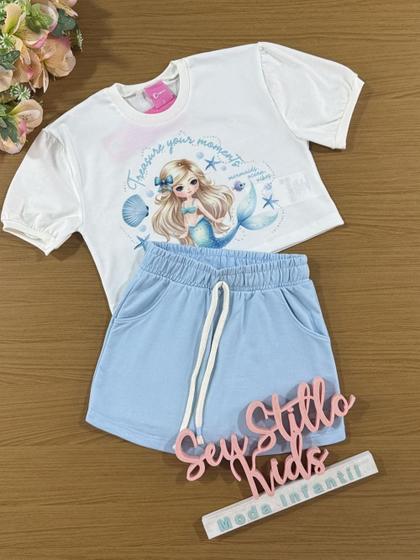 Imagem de Conjunto Infantil Cinti Verão Shorts Saia Azul e Blusa Sereia