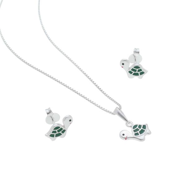 Imagem de Conjunto Infantil Colar Brincos Tartaruga Prata 925 Ref.496