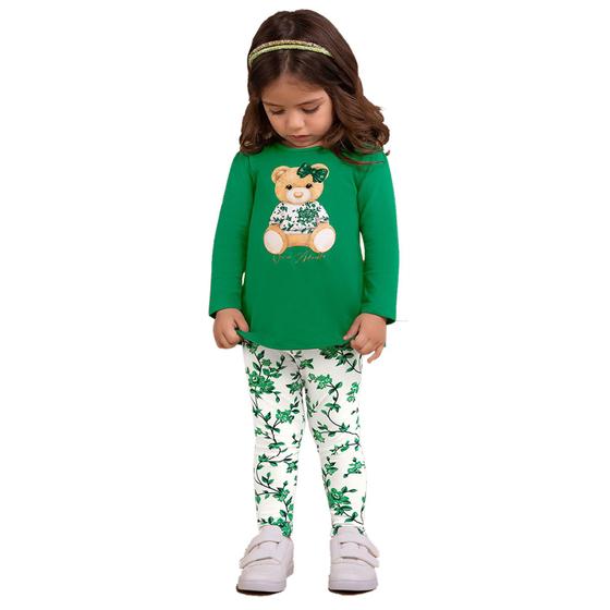 Imagem de Conjunto Infantil Cotton Blusa Verde Ursinho e Calça Legging Flores Milon