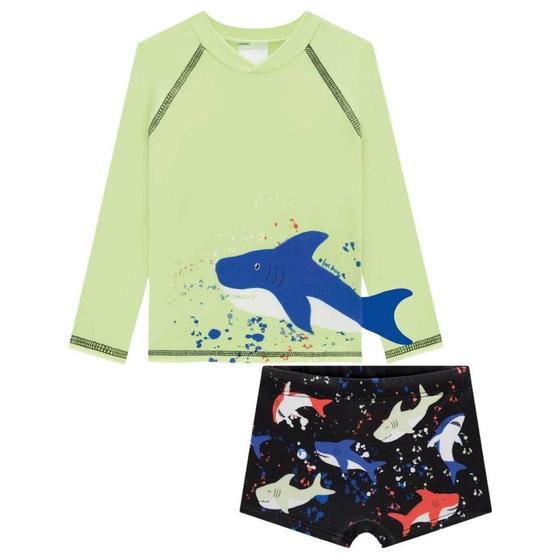 Imagem de Conjunto Infantil De Praia Luc.boo Camiseta Com Proteção E Sunga Estampada Com Tubarões