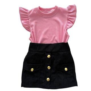 Imagem de Conjunto Infantil Feminino Blusa Babadinho com short Saia Aveludado Bolsos Falsos e Botões Frontais