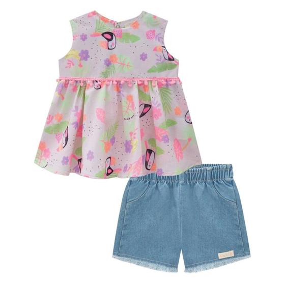 Imagem de Conjunto Infantil Feminino Verão Kukiê Baby Bata Regata Estampada Tucanos Short Jeans Menina 69259