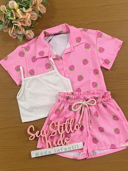 Imagem de Conjunto Infantil Kukie Inverno Tropical Shorts Blusa e Top Rosa Morango