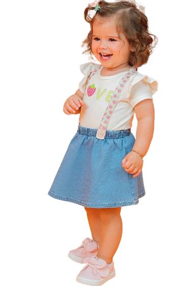 Imagem de Conjunto Infantil Kukiê Menina Verão Bebê Moranguinho Body Saia Jeans e Suspensório Jardineira 66330