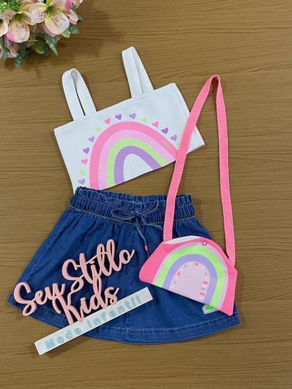 Imagem de Conjunto Infantil Kukie Verão Saia Jeans e Top Cropped com Bolsinha Arco-íris