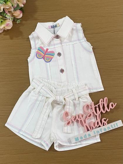 Imagem de Conjunto Infantil Kukiê Verão Shorts e Colete Off White Borboleta