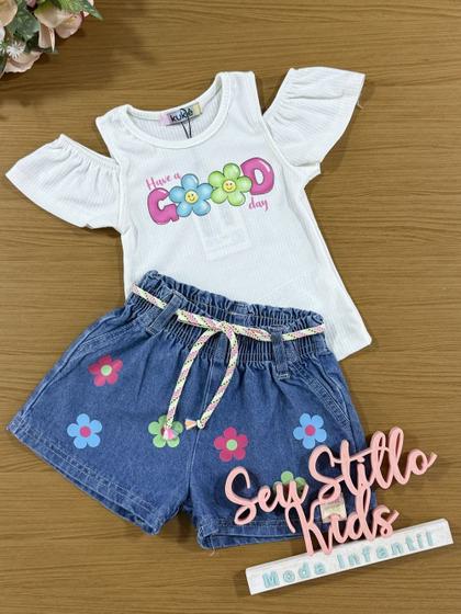 Imagem de Conjunto Infantil Kukie Verão Shorts Jeans e Blusa Branca Florzinha