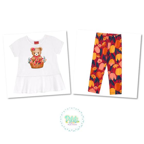 Imagem de Conjunto Infantil Kyly Blusa Algodão Legging Cotton Ursinho Branco/Vermelho