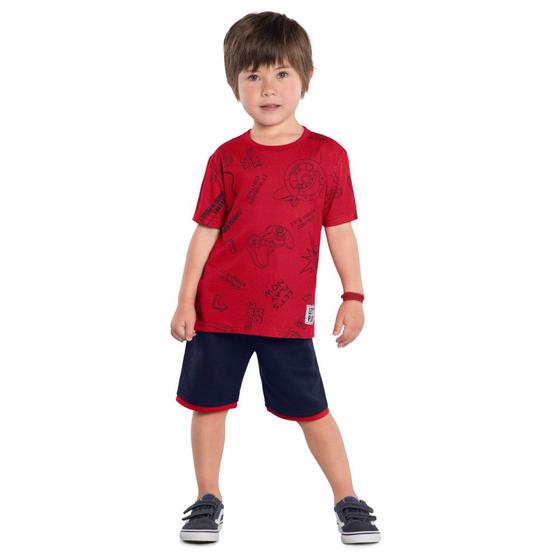 Imagem de Conjunto Infantil Kyly Camiseta Algodão Bermuda Moletom Leve Vermelho/Marinho