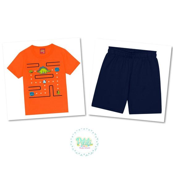 Imagem de Conjunto Infantil Kyly Camiseta Algodão Estampada Bermuda Moletom Leve Laranja/Marinho