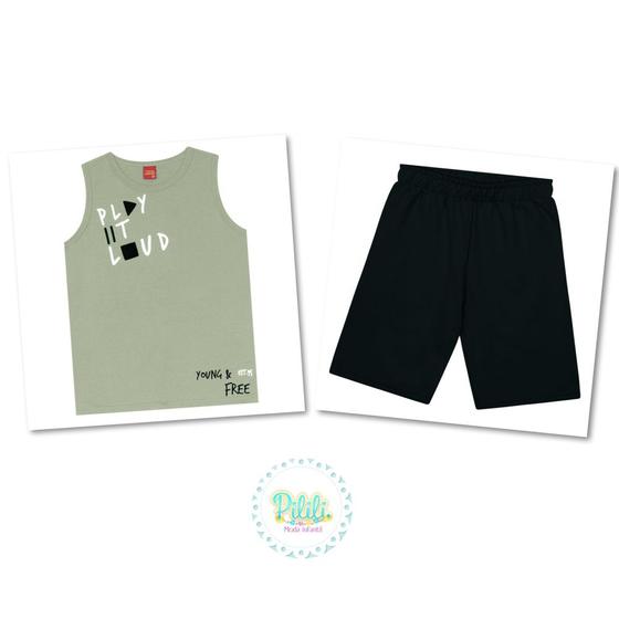 Imagem de Conjunto Infantil Kyly Regata Algodão Bermuda Moletom Leve Verde/Preto