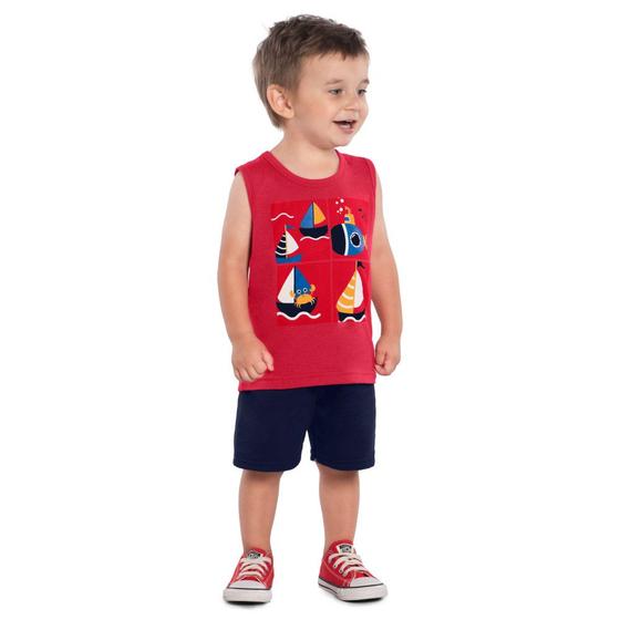 Imagem de Conjunto Infantil Kyly Regata Algodão Estampa Barquinhos Bermuda Moletom Leve Vermelho/Marinho