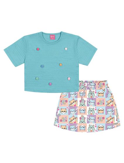 Imagem de Conjunto Infantil Menina Blusa Com Pompom E Short-Saia Azul E Lilás Cinti