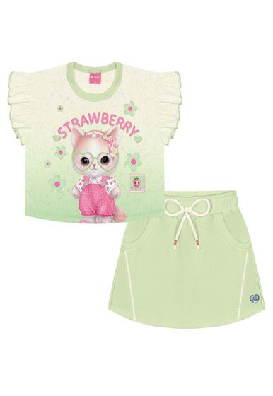 Imagem de Conjunto Infantil Menina Blusa Cropped E Shorts-Saia Strawberry Off White E Verde Cinti