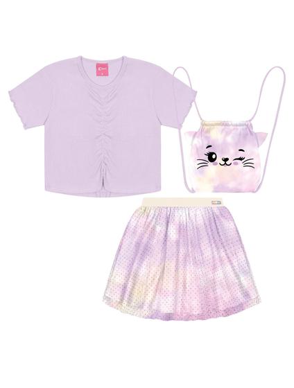 Imagem de Conjunto Infantil Menina Blusa Cropped, Saia-Short Com Tule E Bolsa Gatinha Lilás Cinti