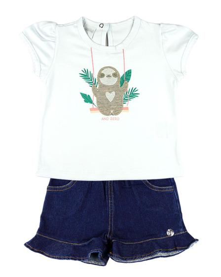 Imagem de Conjunto Infantil Menina Cotton e Índigo Stone Washed Bicho Preguiça - Branco