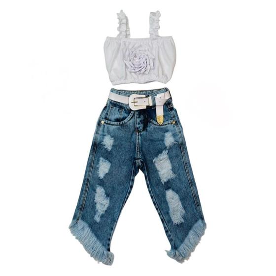 Imagem de Conjunto Infantil Menina Cropped Flor Calça Jeans Lançamento