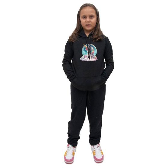 Imagem de Conjunto Infantil Menina Estampa Unicornia Colorida Blusa Canguru e Calça Moletom Toque Macio