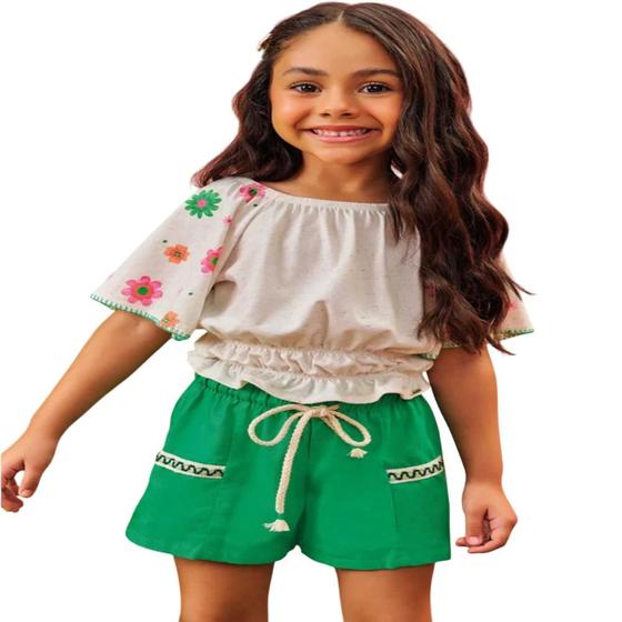 Imagem de Conjunto Infantil Menina Kukiê Blusa e Short Em Linho