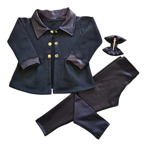 Imagem de Conjunto Infantil Menina MOLETOM PRETO Peplum Calça Preta Cirrê