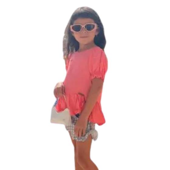 Imagem de Conjunto Infantil Menina Shorts Xadrez e Blusa Salmão Despojado e Meigo