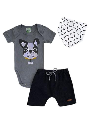 Imagem de Conjunto Infantil Menino Body Cinza Cachorro + Bermuda Preta e Bandana - Lumagy