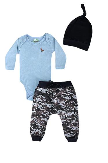 Imagem de Conjunto Infantil Menino Body Cinza + Calça Camuflada e Touca - Lumagy