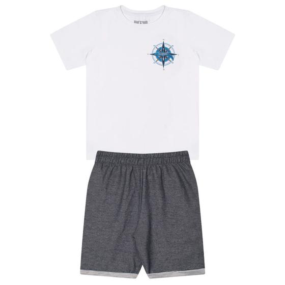 Imagem de Conjunto Infantil Menino, Camiseta Branca Com Estampa De Bússola E Bermuda Chumbo Escuro