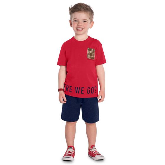 Imagem de Conjunto Infantil Menino Kyly Camiseta Algodão Bermuda Moletom Flamê Vermelho/Marinho