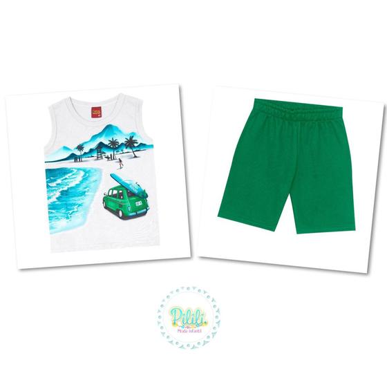 Imagem de Conjunto Infantil Menino Kyly Regata Algodão Estampa Surfista Bermuda Moletom s/ Felpa Branco/Verde