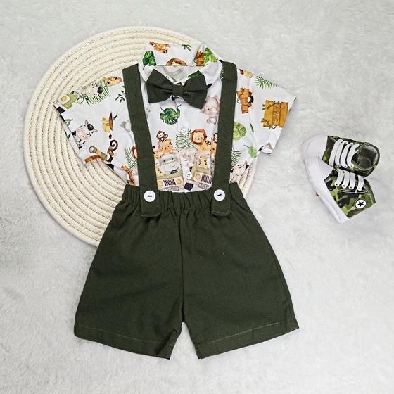 Imagem de Conjunto Infantil Menino Mauricinho Camisa Social Com Gravata Mais Shorts Jardineira Temático de 01 a o3 Anos