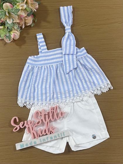 Imagem de Conjunto Infantil Momi Verão Com Shorts e Blusa Azul Listrado Com Laço
