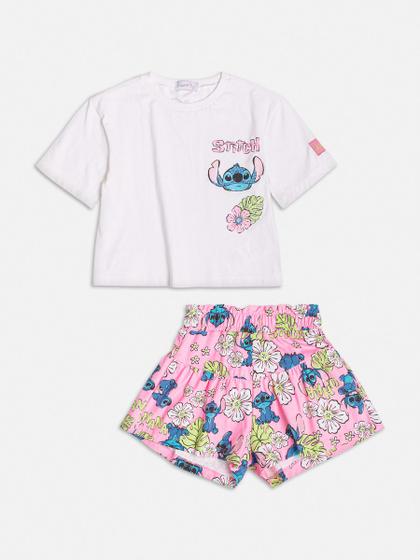 Imagem de Conjunto Infantil Momi Verão Com Shorts Rosa e Blusa Stitch Disney