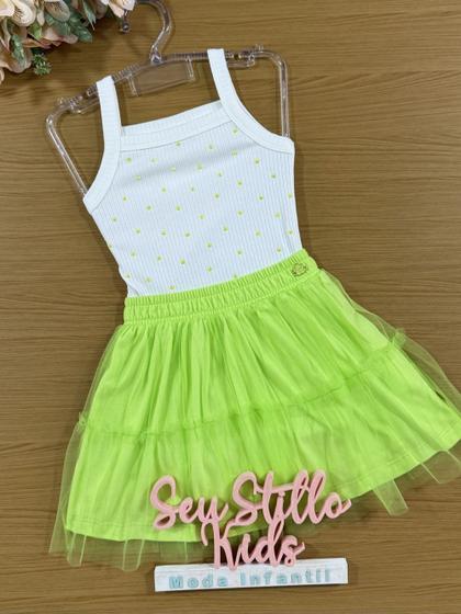 Imagem de Conjunto Infantil Momi Verão Saia em Tule Verde e Blusa Canelada Com Brilho